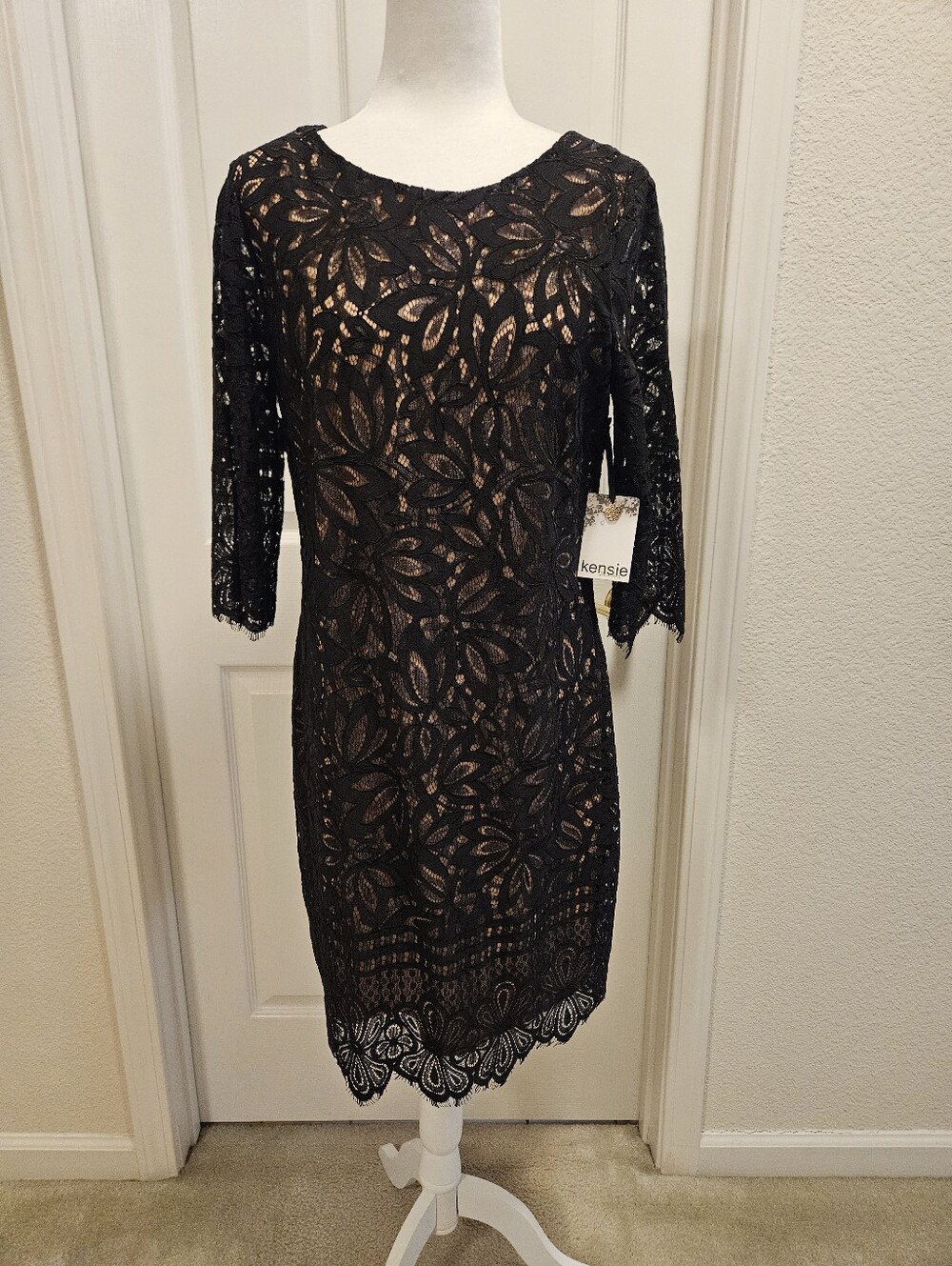 Kensie Black Lace Overlay Dress with Nude Lining